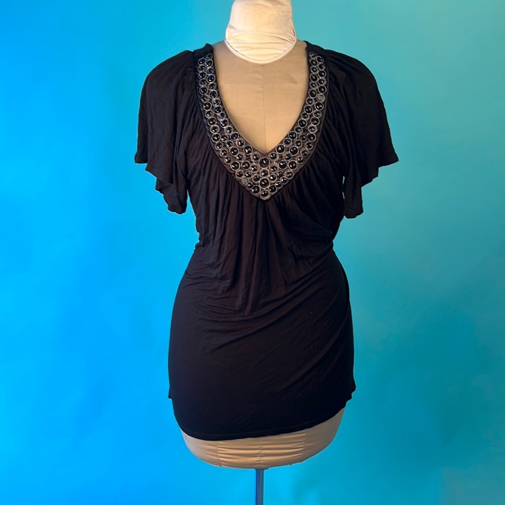 FYLO black jeweled/rhinestone collar fancy comfy! Sz. L short flowy sleeves